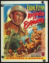 1u211 OBJECTIVE BURMA linen Belgian poster R50s cool artwork of Errol Flynn as World War II soldier!