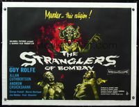1u018 STRANGLERS OF BOMBAY linen British quad movie poster '60 wild artwork of berserk murder cult!