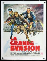 1u082 GREAT ESCAPE linen French 23x32 '63 Steve McQueen classic, different art by Georges Allard!