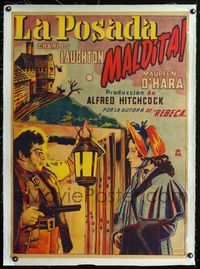 1u035 JAMAICA INN linen Mexican poster '39 Hitchcock, art of Charles Laughton & Maureen O'Hara!