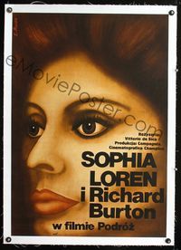 1u145 VOYAGE linen Polish 23x33 '74 Vittorio De Sica, different c/u art of Sophia Loren by Procka!