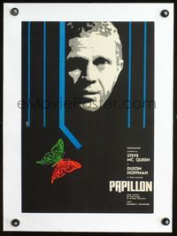 1u051 PAPILLON linen Romanian 13x19 '73 different art of Steve McQueen & butterfly by Leonida!
