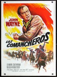 1u052 COMANCHEROS linen Spanish movie poster R70s really cool different art of John Wayne by Mataix!