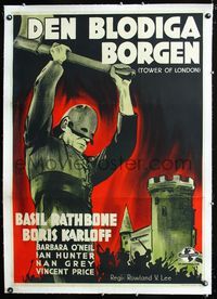 1u048 TOWER OF LONDON linen Swedish '39 Basil Rathbone, Boris Karloff, completely different art!