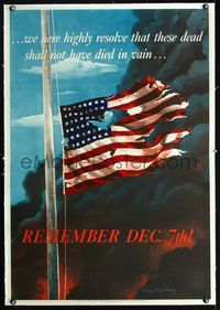 1u003 REMEMBER DEC. 7TH! linen war poster '42 art of torn half-mast American flag by Allen Saalburg!