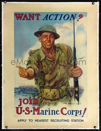 1u002 WANT ACTION? JOIN U.S. MARINE CORPS linen war poster '41 WWI art by James Montgomery Flagg!