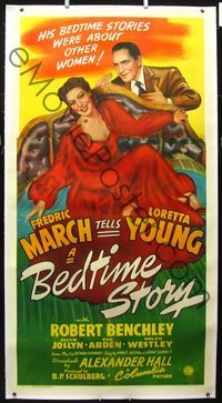 1v095 BEDTIME STORY linen three-sheet '41 great artwork of Fredric March & sexy Loretta Young!