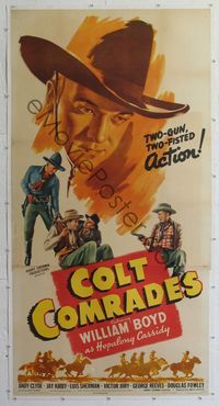 1v096 COLT COMRADES linen 3sheet '43 cool art of William Boyd as Hopalong Cassidy catching bad guys!