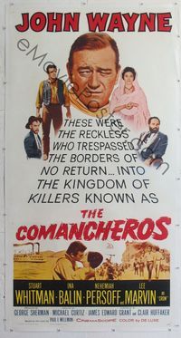 1v097 COMANCHEROS linen three-sheet movie poster '61 artwork of cowboy John Wayne, Michael Curtiz