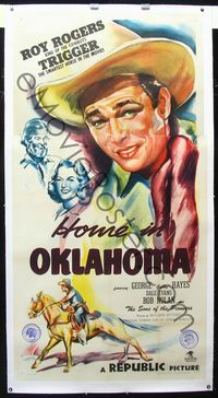1v102 HOME IN OKLAHOMA linen 3sheet '46 great headshort art of Roy Rogers, plus Dale Evans & Gabby!