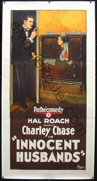 1v104 INNOCENT HUSBANDS linen 3sheet '25 Hal Roach, cool stone litho innocent Charley Chase caught!