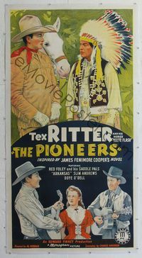 1v110 PIONEERS linen 3sheet '41 stone litho art of Tex Ritter with White Flash & Native American!