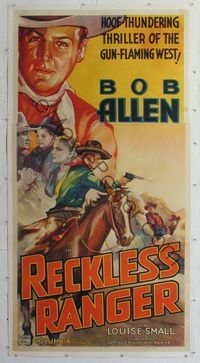 1v114 RECKLESS RANGER linen three-sheet '37 cool art of cowboy Bob Allen in the gun-flaming West!
