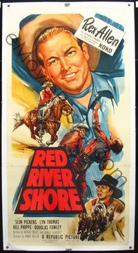 1v115 RED RIVER SHORE linen 3sheet '53 really cool art of cowboy Rex Allen riding his horse Koko!