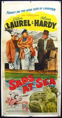 1v117 SAPS AT SEA linen three-sheet R46 great images of Stan Laurel & Oliver Hardy, Hal Roach
