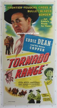 1v120 TORNADO RANGE linen three-sheet poster '48 singing cowboy Eddie Dean fights frontier feuders!