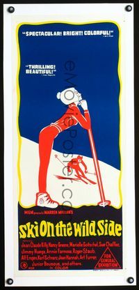1v011 SKI ON THE WILD SIDE Australian daybill movie poster '67 cool downhill skiing sports artwork!