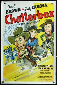 1v005 CHATTERBOX one-sheet poster '43 wacky stone litho art of cowboy Joe E. Brown riding squirrel!