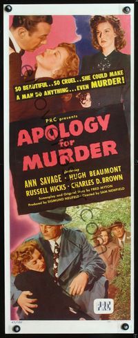 1v152 APOLOGY FOR MURDER insert poster '45 Ann Savage could make a man do anything, even murder!