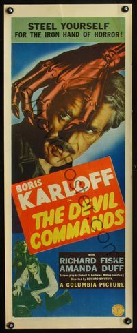 1v162 DEVIL COMMANDS insert movie poster '41 cool art of Boris Karloff & the iron hand of horror!