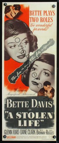 1v195 STOLEN LIFE insert movie poster '46 Bette Davis as twins with different fates, Glenn Ford