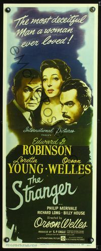 1v196 STRANGER insert movie poster '46 artwork of Orson Welles, Edward G. Robinson & Loretta Young!