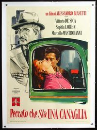 1v087 TOO BAD SHE'S BAD linen Italian 1p '54 Vittorio De Sica, Sophia Loren & Marcello Mastroianni!