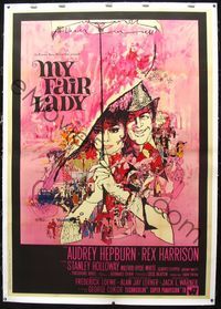 1v091 MY FAIR LADY linen Italian two-panel R60s art of Audrey Hepburn & Rex Harrison by Bob Peak!