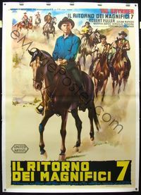 1v093 RETURN OF THE SEVEN linen Italian 2panel '66 artwork of Yul Brynner on horseback by Olivetti!