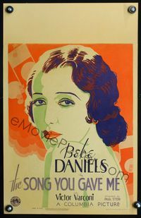 1v144 SONG YOU GAVE ME window card poster '34 cool deco art of bare-shouldered sexy Bebe Daniels!