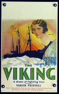 1v146 VIKING window card movie poster '31 cool art of Louise Huntington & ship at sea by glaciers!