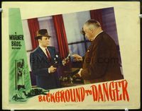 1w073 BACKGROUND TO DANGER lobby card '43 close up of George Raft holding gun on Sydney Greenstreet!