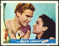 1w087 BLUE LAGOON LC #5 '49 great romantic close up of sexy young Jean Simmons & Donald Houston!