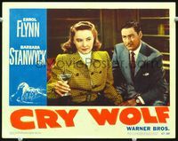 1w108 CRY WOLF lobby card #8 '47 great 2-shot portrait of Errol Flynn looking at Barbara Stanwyck!
