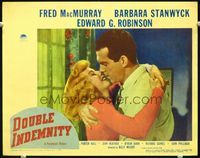 1w127 DOUBLE INDEMNITY LC #4 '44 great close up embrace of Barbara Stanwyck & Fred MacMurray!