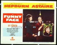 1w154 FUNNY FACE lobby card #3 '57 Fred Astaire shows Audrey Hepburn a glamorous color photo of her!