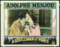 1w157 GENTLEMAN OF PARIS movie lobby card '27 great kiss close up of womanizer Adolph Menjou!
