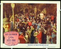 1w158 GILDA movie lobby card '46 Rita Hayworth & Glenn Ford in massive crowd at the Carnival!