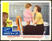1w189 IMITATION OF LIFE lobby card #4 R49 smiling Claudette Colbert gives young daughter a bath!