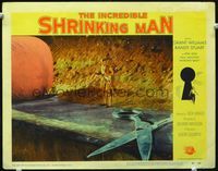 1w193 INCREDIBLE SHRINKING MAN lobby card #3 '57 little man with giant scissors and ball of string!