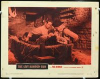 1w217 LEFT HANDED GUN lobby card #8 '58 Newman as Billy the Kid holds down girl on bed on hay!
