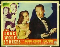 1w222 LONE WOLF STRIKES movie lobby card '40 debonair Warren William with gun, jewelry & hot babe!