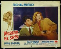 1w247 MURDER HE SAYS lobby card #1 '45 close up of Fred MacMurray & Helen Walker, screwball classic!
