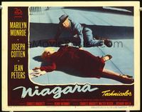 1w253 NIAGARA movie lobby card #5 '53 Joseph Cotten kneeling by unconscious Marilyn Monroe!