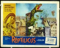 1w288 REPTILICUS movie lobby card #8 '62 wonderful image of giant lizard monster destroying houses!