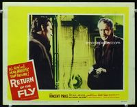 1w290 RETURN OF THE FLY movie lobby card #3 '59 close up two-shot of Vincent Price & Brett Halsey!