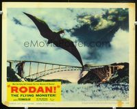 1w294 RODAN lobby card #3 '56 great image of the flying Toho monster over bridge, Ishiro Honda