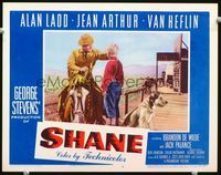 1w027 SHANE LC #5 '53 best card in set, Alan Ladd in buckskin on horseback with Brandon de Wilde!
