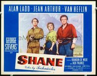 1w028 SHANE LC #6 '53 posed studio portrait of Alan Ladd, Jean Arthur & Van Heflin with guns!