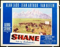 1w034 SHANE lobby card #8 '53 all the homesteaders gather for Stonewall Jackson Torrey's funeral!